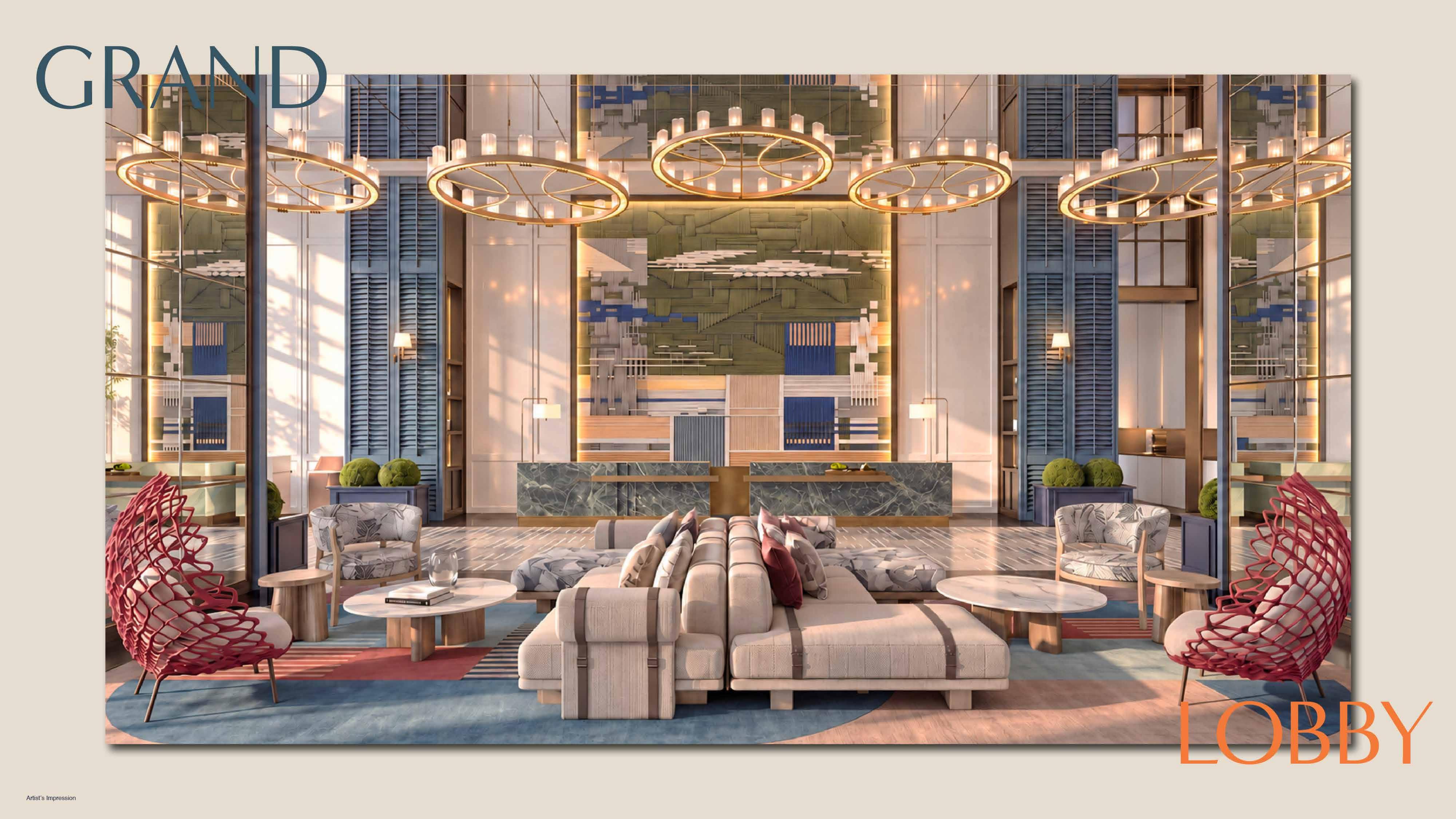 Grand double-height lobby with chandelier, MABA Suitez