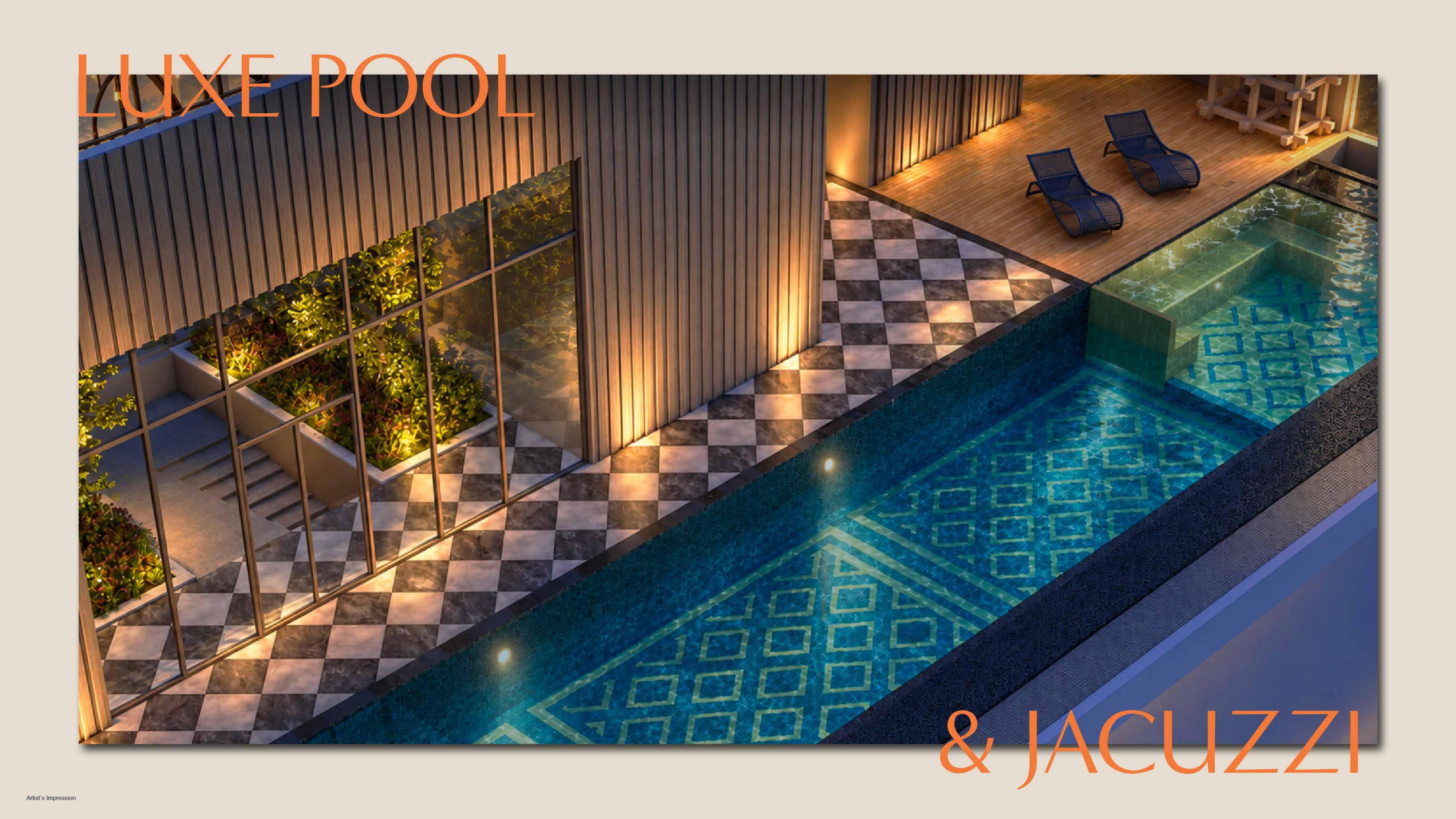 Luxe pool and jacuzzi deck at night, MABA Suitez