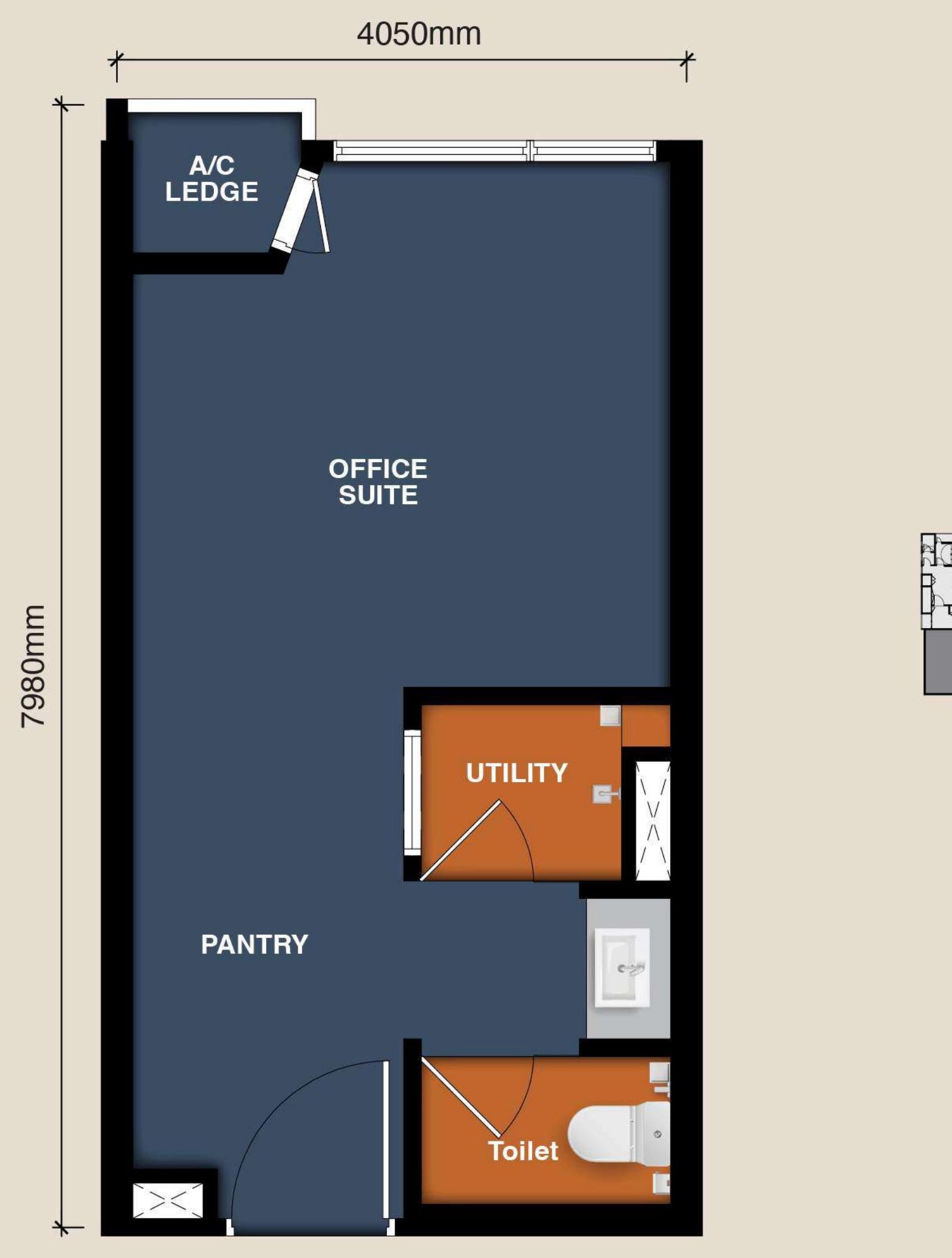 Type A floor plan, 323 square feet Office Suite with open area, pantry, utility and toilet