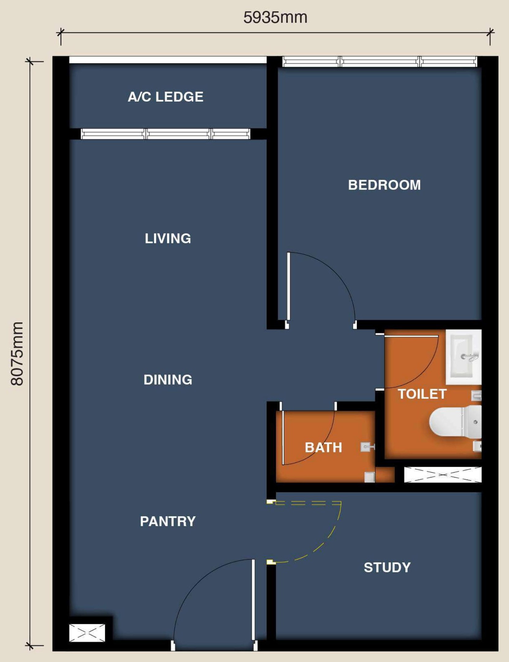 Type B floor plan, 484 square feet, 1+1 Room 1 Bath with living, dining, bedroom, study and pantry
