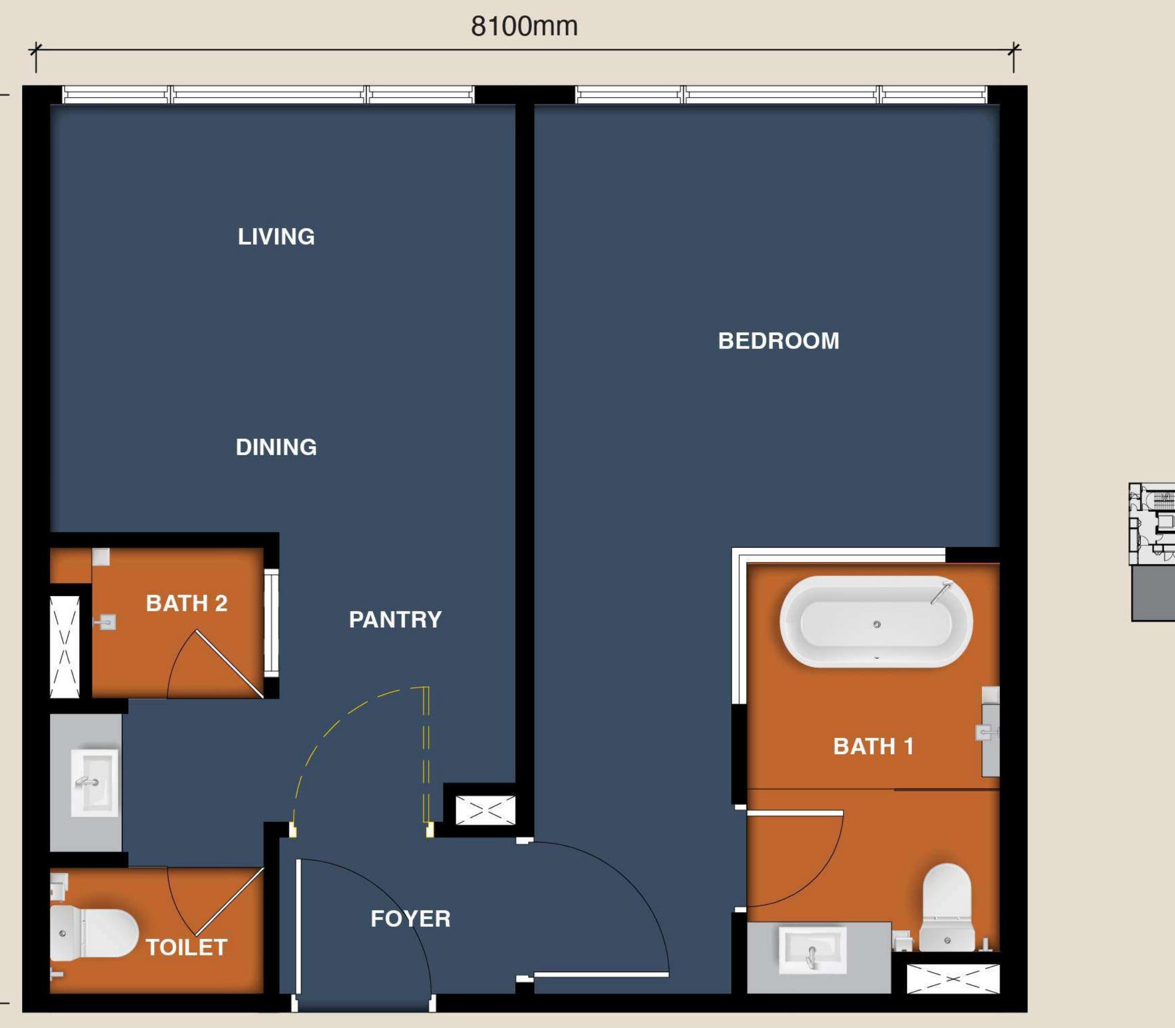 Type C floor plan, 657 square feet Dual-Key 1 Bedroom with 2 bathrooms, living, dining and foyer