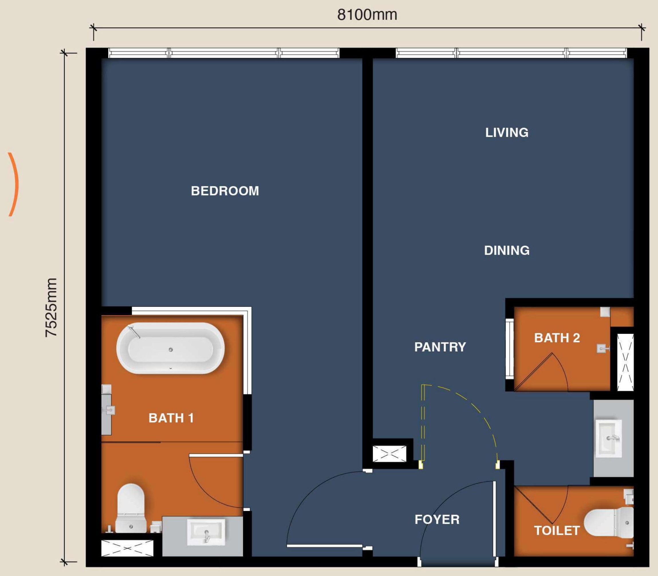 Type C(M) floor plan, 657 square feet Dual-Key 1 Bedroom, mirrored layout