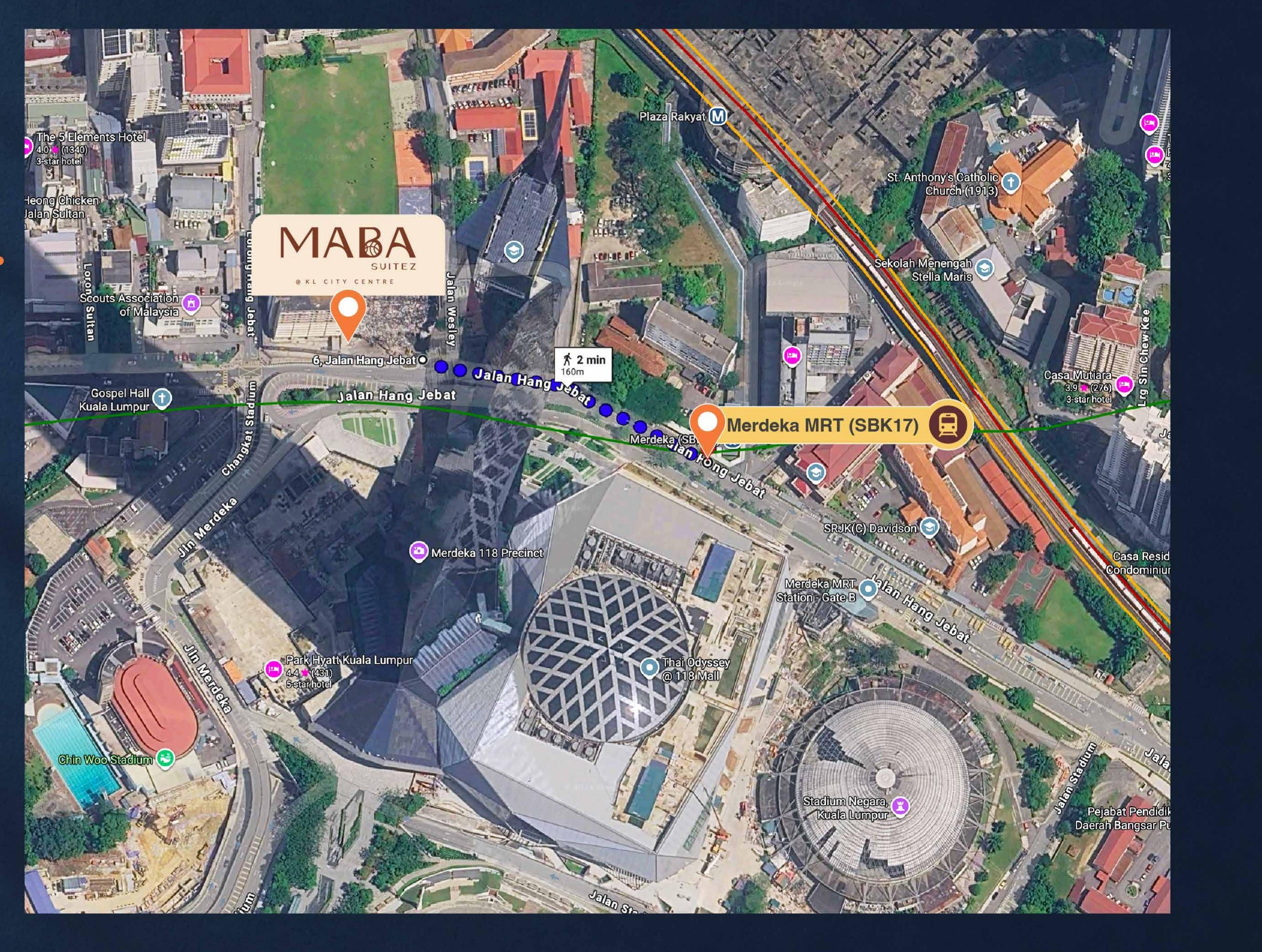 Official developer map showing MABA Suitez at 6, Jalan Hang Jebat, approximately 160 metres (2-minute walk) from Merdeka MRT Station (SBK17, Kajang Line), adjacent to the Merdeka 118 precinct
