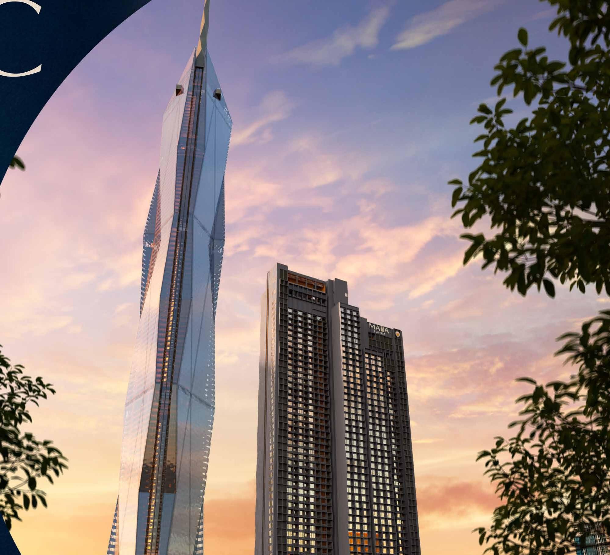 MABA Suitez twin towers rising beside Merdeka 118 in the Kuala Lumpur skyline at sunset, official developer rendering