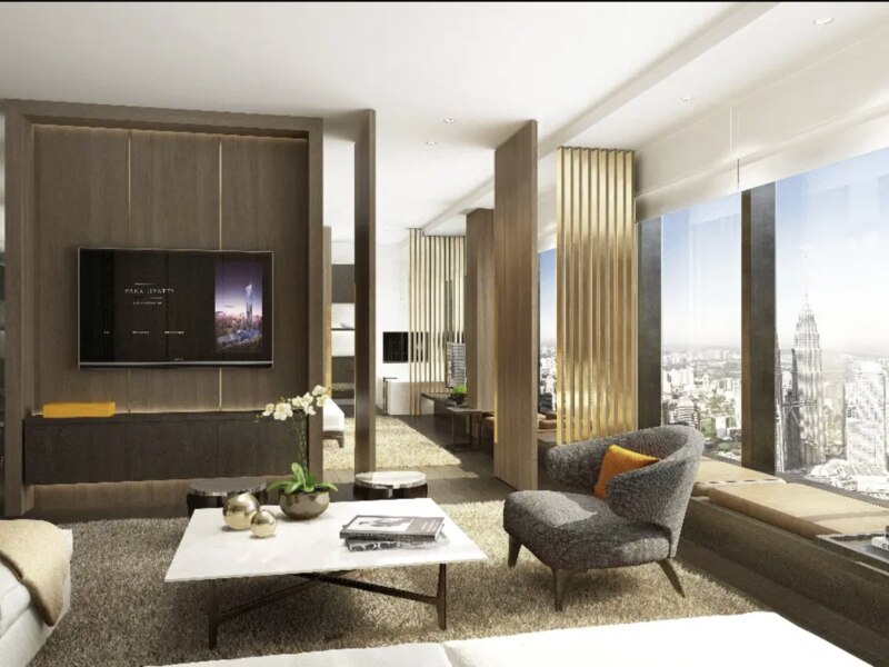 Park Hyatt Kuala Lumpur suite interior with a Kuala Lumpur skyline view